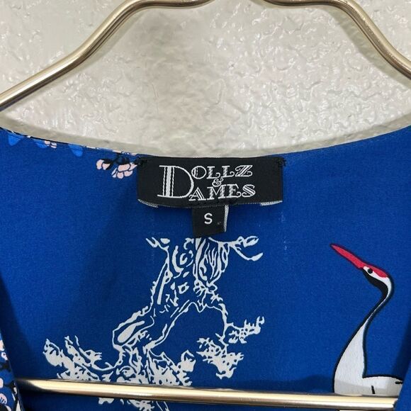 Dollz & Dames Blue Wrap Dress All Over Bird Print Cranes Size Small - Picture 3 of 15
